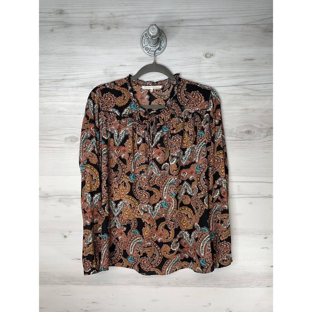 Violet + Claire Shirt Womens XL Black Paisley Long Sleeve Tie Neck Ruffle Boho‎